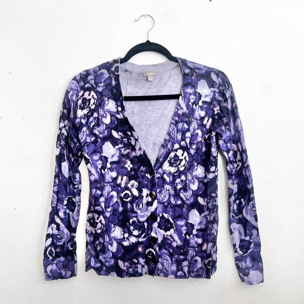 J Jill Purple Floral Knit Cardigan Cottagecore Romantic Preppy Minimalist XS‎